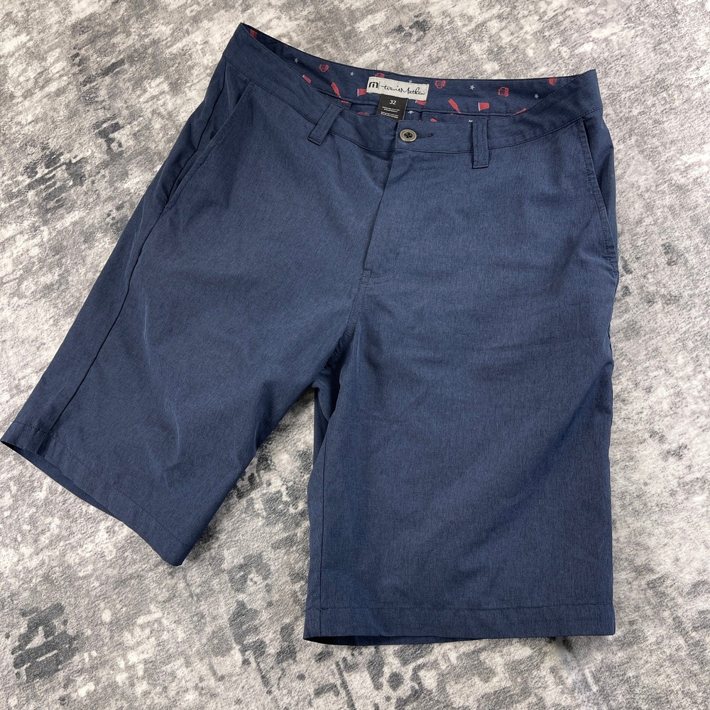 Travis Mathew Mens 32 Golf Shorts Blue BBQ Beer Solo Cup Hamburger Print Stretch